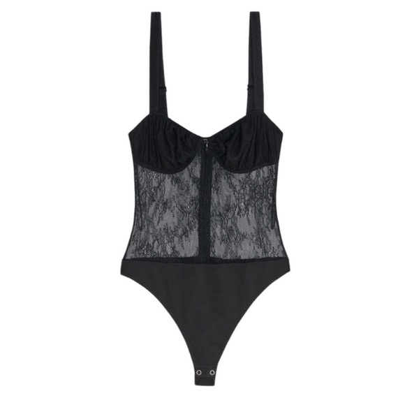 Danielle Bernstein Black Sheer Lace Adjustable Bodysuit Size 2 - Picture 2 of 6